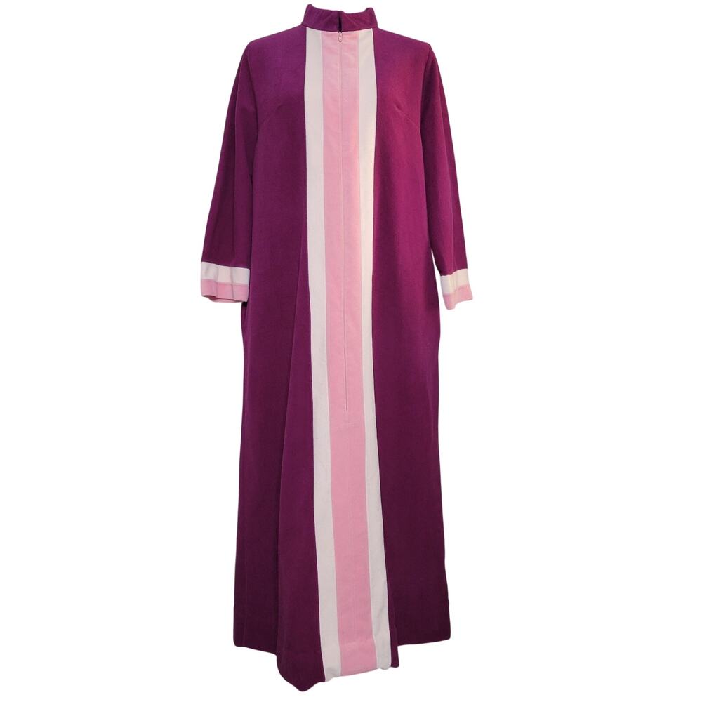 VTG 1960s Vanity Fair Velour Fleece Purple Pink Striped Zip Housecoat Robe✨️12